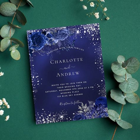 Budget navy blue silver floral wedding invitation Midnight Blue Wedding, Navy Blue Wedding Theme, Wedding Navy Blue, Popular Wedding Invitations, Wedding Navy, Navy Blue Wedding Invitations, Budget Wedding Invitations, Blue Florals, Navy Blue Wedding