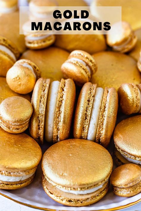 I made these Gold Macarons to celebrate St Patrick’s Day. Initially, I wanted to make small gold coins for my Pot of Gold Macarons. And that’s why these macarons are filled with a Baileys Ganache, to fit the whole St Patrick’s theme. #desserts #macarons #stpatricksday Recipes Macaroons, Baileys Ganache, Gold Macaroons, Beltane Wedding, Super Bowl Board, Pies And Tacos, Gold Macarons, Macaron Ideas, Golden Bday