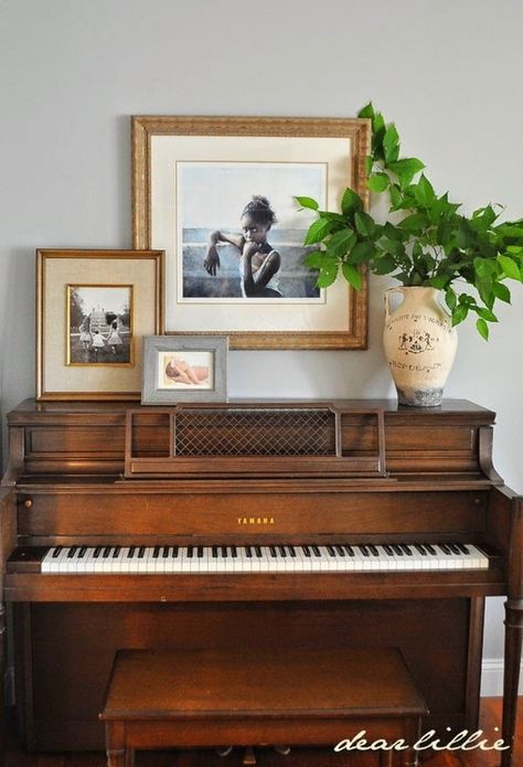 Roundup: 10 Stylish Home Pianos                                                                                                                                                                                 More Piano Styling, Piano Room Decor, Piano Living Rooms, Piano Wall, Painted Pianos, Old Piano, Piano Decor, Piano Ideas, Upright Piano