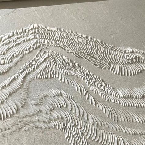 Paper Sculpture Art + Design Studio | Australia on Instagram: ". Paper sculpture on washi paper.  I tried several Japanese papers and my favorite  is this Premio Unryu by Awagami - it has unique fluffy texture and delicacy with swirling mulberry fibres running through for extra character.   This art piece has a very gentle presence  and was inspired by a running stream. Many elements of Wabi Sabi are here  including asymmetry, beauty of imperfect lines, organic shapes, stillness, calm atmosphere…  it does have quite an Asian flavour, do you think ?  I was always fascinated with beautiful Asian art referencing water and mountains and would love to craft some new art pieces on this theme some time." Paper Sculpture Art, Rough Paper Texture, Water Sculpture, Calm Atmosphere, Wabi Sabi Aesthetic, Calm Art, Paper Art Sculpture, Paper Carving, Fluffy Texture