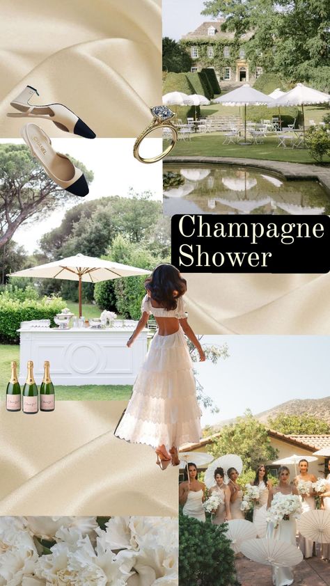 Bridal Shower Theme! Champagne Shower! 🍾🥂🌧 Pajamas Bridal Shower Ideas, Bubbles Bridal Shower Theme, Champagne Showers Theme, Dreamy Bridal Shower Ideas, Aesthetic Bridal Shower Ideas, Neutral Bridal Shower Theme, Champagne Shower Theme, Classic Bridal Shower Theme, All White Bridal Shower Theme