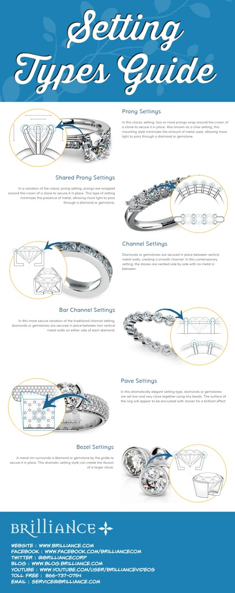 At Brilliance.com, our master jewelers use a variety of expert setting techniques to set and secure diamonds and gemstones in fine jewelry. When executed with precision and skill, a specific setting style can enhance the beauty and transform the look of a jewelry piece. For example, the classic prong setting gives a diamond greater prominence while reducing the appearance of the metal, while the contemporary bezel setting creates the illusion of a larger diamond and adds a more dramatic effect. Jewelry By Brand, Jewelry Knowledge, Jewelry Education, Jewelry Drawing, Jewellery Sketches, Jewelry Techniques, Diamond Settings, Stone Setting, Contemporary Jewelry