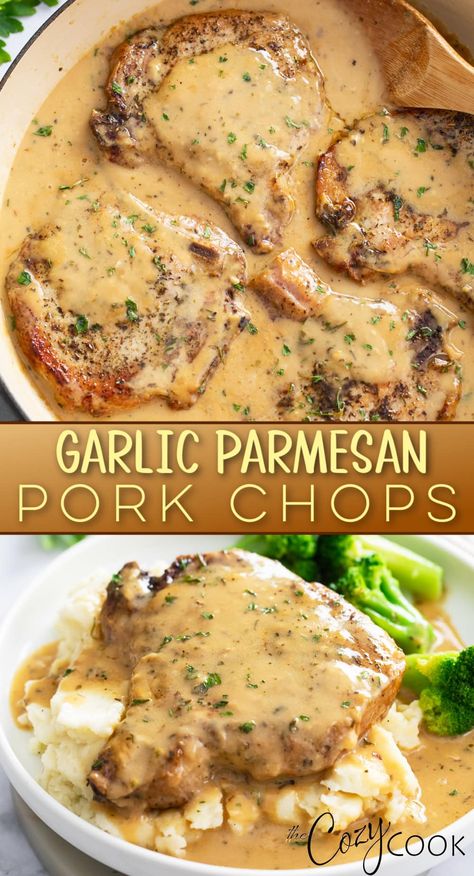 This Garlic Parmesan Pork recipe has tender pork chops smothered in an ultra flavorful sauce with garlic, Parmesan cheese, white wine, and delicious seasonings. This is sure to become a new family favorite dinner recipe! The Cozy Cook Pork Chops, Southern Easy Dinner Recipes, Easy Dinner With Pork Chops, Healthy Dinner Recipes With Pork Chops, Easy Pork Chop Meals, Pork Chops With Pasta, Healthy Smothered Pork Chops, Crockpot Recipes With Pork Chops, Pasta With Pork Chops