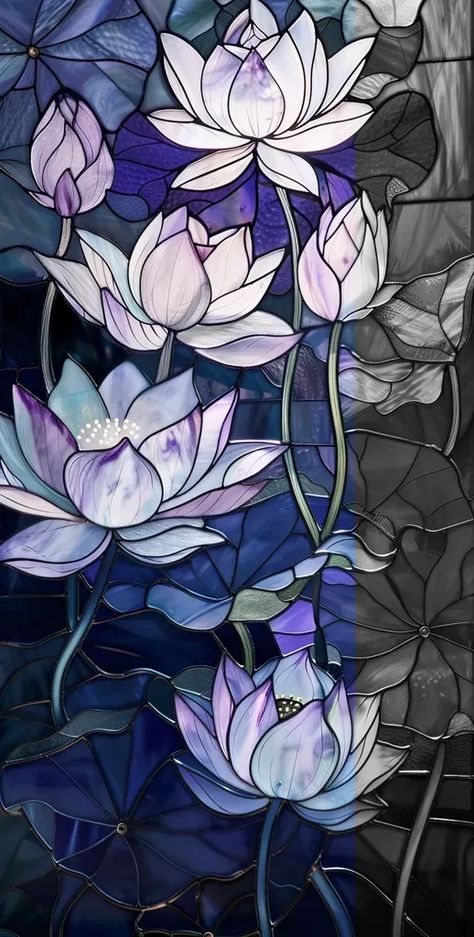 Full Color Image in ai-img-gen.com 🔸 A close up of a stained glass window with lotus flowers in light purple and blue colors, with delica... 🔸 From Midjourney AI Image Floral Stained Glass Windows, Stained Glass Style Painting, Lotus Flower Stained Glass Pattern, Lotus Stained Glass Pattern, Easy Stained Glass Art, Stained Glass Lotus Flower, Stained Glass Patterns Flowers, Simple Stained Glass Designs, Flower Stained Glass Patterns