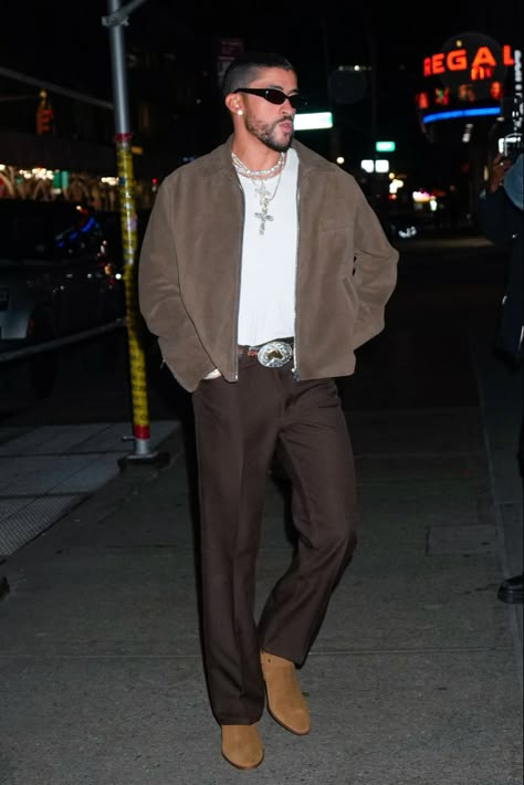 Bad Outfits Men, Mens Fashion Going Out, After Party Outfit Men, Men’s Brown Outfit, Party Fit Men, Man Night Outfit, Monochromatic Mens Fashion, Old Money Cowboy, Club Fashion Men