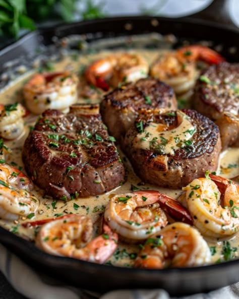 I vouch for it, the sauce is what makes this recipe shine Garlic Parmesan Cream Sauce, Gordon Ramsay Steak, Continental Cuisine, Quick Soup Recipes, Recipes Steak, Quick Soup, Parmesan Cream Sauce, Easy Steak Recipes, Steak And Shrimp