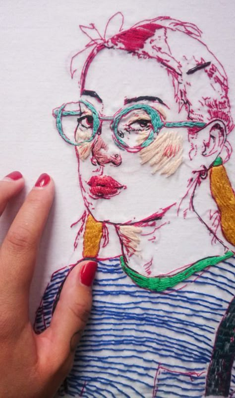 Portrait Embroidery, Embroidered Portrait, Textile Art Embroidery, Line Dot, Contemporary Embroidery, Embroidered Art, Textile Fiber Art, Red Thread, Arte Inspo