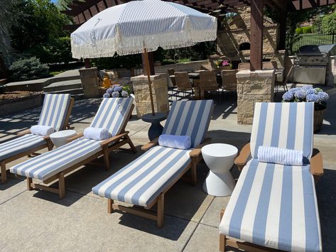 Blue And White Pool Decor, Beach Beds, White Chaise Lounge, Tiny Pool, White Chaise, Pool Deck Decorations, Striped Furniture, Sauna Shower, Pool Club