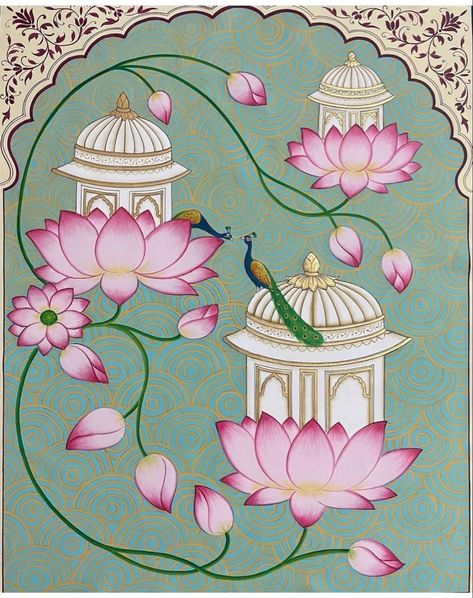 Pichwai Paintings Lotus Backdrop, Kalamkari Lotus Painting, Pichvai Painting Lotus, Pichwai Paintings For Mandir, Pichwai Paintings Canvas, Wallpaper For Mandir Wall, Wall Painting Ideas Creative Interior, Indian Wall Art Painting, Pichwai Paintings Motifs Printable