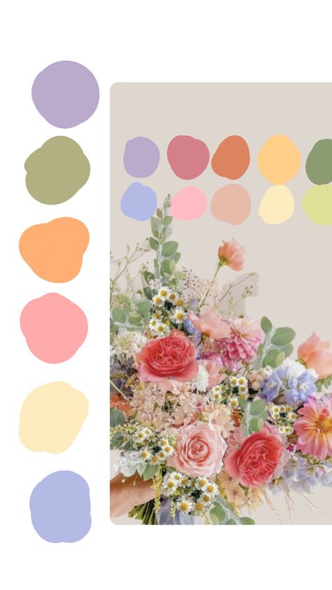 Spring Pastel Palette, Pastel Colours Wedding Theme, Whimsical Wedding Palette, Sherbet Wedding Colors, Colourful Wedding Colour Palette, Wedding Swatches Colour Palettes, Summer Color Wedding Colour Palettes, Wildflowers Color Palette, Wildflower Wedding Color Pallet