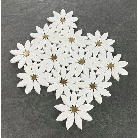 ES Stone 4" x 4" Thassos White Marble & Gold Metal Mosaic Wall & Floor Tile | Wayfair Bathroom Tile Gold Accents, Daisy Tile Bathroom, Daisy Bathroom Ideas, Flower Backsplash Kitchen, Flower Tile Backsplash, Gold Tile Backsplash, Flower Mosaic Tile, Daisy Bathroom, Daisy Tile