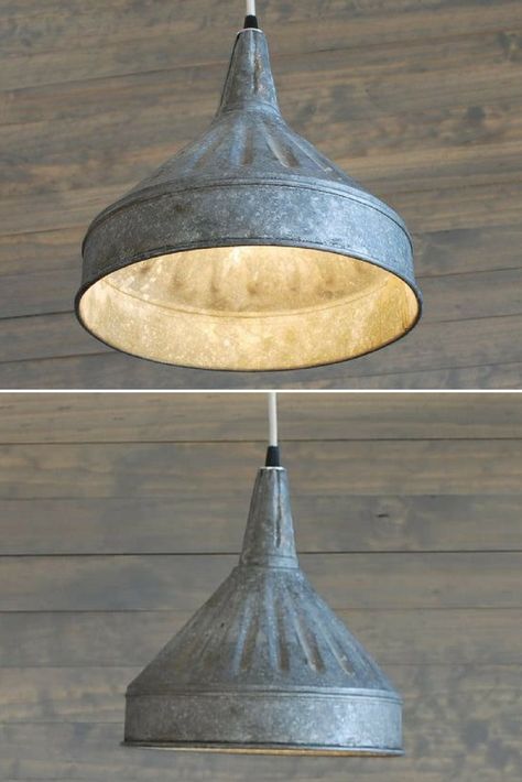 Modern Farmhouse Lighting with Galvanized Pendant Funnel – iD Lights Industrial Farmhouse Lighting, Modern Farmhouse Lighting, Rustic Bathroom Decor, Lighting Trends, Vintage Lamp, Industrial Lamp, Handmade Lighting, Rustic Lighting, Farmhouse Lighting