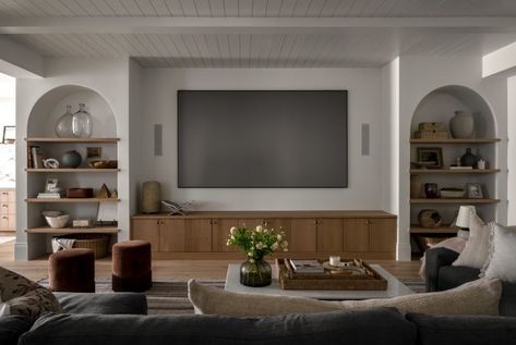 Home Theatre Built In, Basement Media Center, Tv Room With Windows, Built In Basement, Tv Niche, Built In Media Center, Basement Entertainment, The Mcgee Home, Modern Tudor