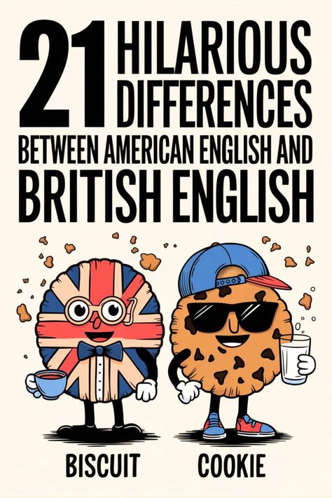 These 21 words create funny misunderstandings between Americans and Brits! From British slang words to American slang, the differences in American English vs. British English can lead to some hilarious mix-ups. British vs. American words often have surprising meanings that cause confusion. If you're interested in British and American English, you’ll love these fun examples! 📌 Save this Pin to keep these British and American words handy. 👉 Click through to see all the funny misunderstandings! British And American Words, British Vs American Words, American English Vs British English, British Slang Words, British Terms, British Vs American, British And American English, American Slang, American Words