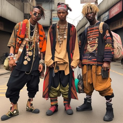 Hippy Man Style, Utopian Clothes, Punk Editorial Fashion, Afro Punk Men, Boho Outfits Men Bohemian, Campy Fashion Aesthetic, Afro Goth Male, Afro Futurism Fashion Street Style, Afrofuturistic Architecture