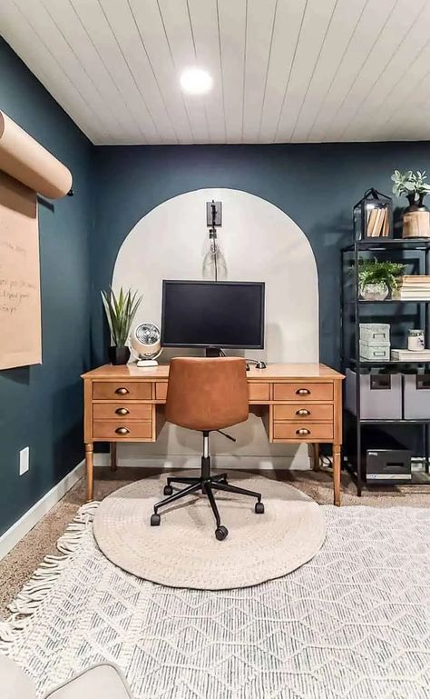 Fall in love with this fun modern boho dark teal office space! Watch this space go from a dark cluttered dungeon to this modern and chic looking office space! #bohooffice #transformation #office Modern Boho Office, His And Hers Office, Basement Home Office, Shared Home Office, Fun Interior Design, Office For Two, Basement Office, Boho Office, Shared Office