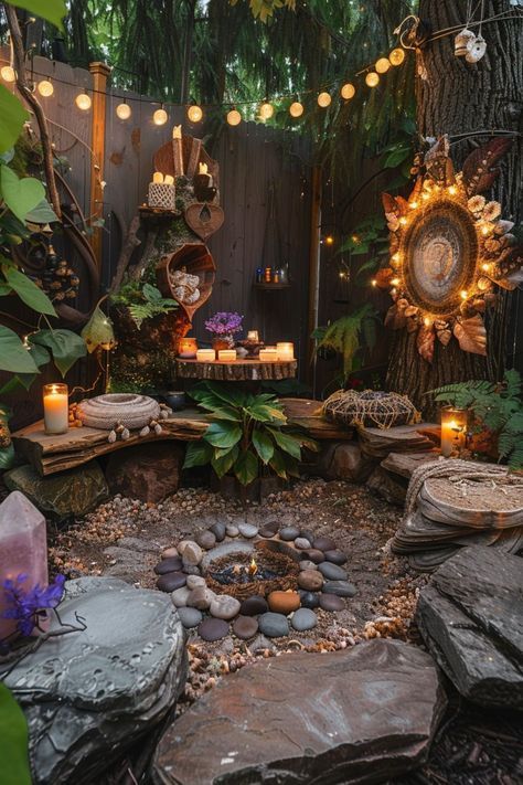 Sanctuary Garden Design, Hedge Witch Home Decor, Nature Furniture Design Inspiration, Fairy Garden Backdrop Ideas, Backyard Small Garden Ideas, Garden Witch Decor, Witchy Front Porch Ideas, Witchy Cottage Core Aesthetic, Witchy Backyard Ideas