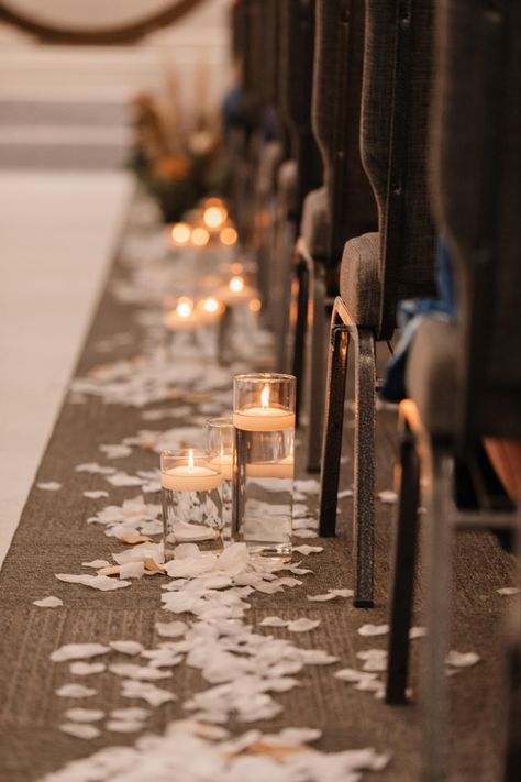 Candles Lining Wedding Aisle, Candles Down Isle, Lights Down Wedding Aisle, Candles And Petals Wedding Aisle, Wedding Aisle And Altar, Pillar Candles Wedding Aisle, Aisle Candle Decorations Wedding, Isle Petals Wedding, Simple Isle Decoration