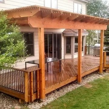 75 Deck with a Pergola Ideas You'll Love - May, 2024 | Houzz Deck With Arbor, Pergalo Ideas Over Deck, Front Of House Pergola Ideas, Deck And Pergola Ideas, Decks With Pergola Ideas, Enclosed Pergola Ideas, Deck With Gazebo Ideas, Pergola Off Of House, Pergola Over Deck