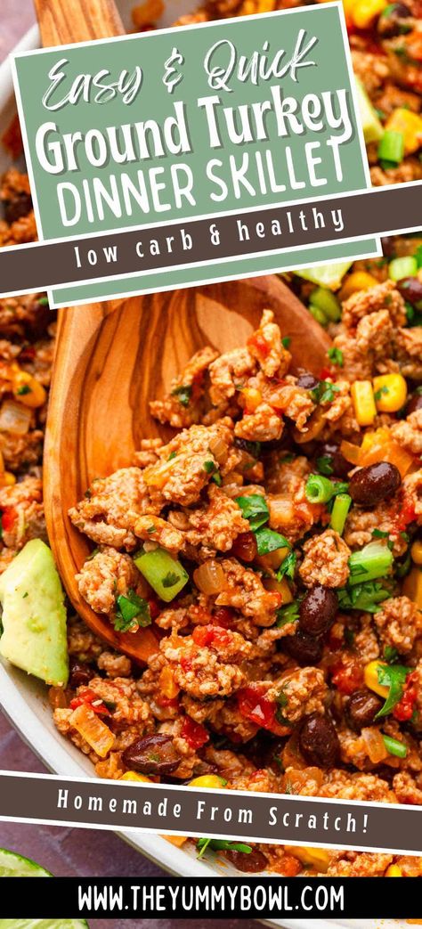 This Ground Turkey Taco Skillet is a quick, flavorful dinner with all the taco goodness you crave. Ready in just 15 minutes, it's perfect for busy weeknights! Packed with ground turkey, black beans, and loads of flavor, this skillet meal is perfect for meal prep. Ground Turkey Prep Meals, Ground Turkey Protein Meals, Turkey Quinoa Skillet, 21 Day Fix Ground Turkey Recipes, Protein Ground Turkey Recipes, Healthy Ground Turkey Meals, Ground Turkey Lunch Recipes, High Protein Ground Turkey Recipes, Curry Ground Turkey