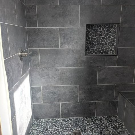 Large Tile Shower Ideas, Tile Border, Gray Tile, Pebble Tile, Master Shower, Bathroom Shower Tile, Bathroom Remodel Designs, Bathroom Remodel Shower, Bathroom Redo