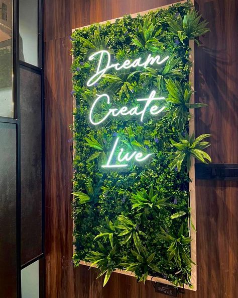 #NeonSigns #BrightIdeas #NeonSignNames #NeonInspiration #NeonRoom #RoomDecor Neon Signs On Grass Wall, Green Wall With Neon Sign, Wall Design Outdoor, Ambiguous Quotes, Modern Home Exterior, House Front Wall Design, Business Decoration, Wall Design Ideas, Front Wall Design