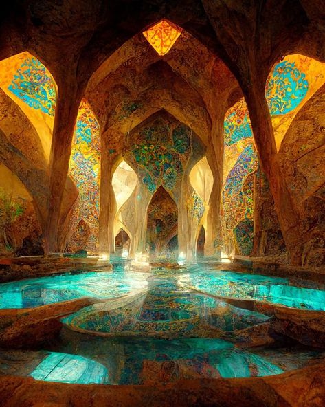 Islamic Iranian architecture inspired concept by AI Iranian Architecture, Persian Architecture, Fantasy House, Fantasy City, Fantasy Places, Arte Fantasy, Islamic Architecture, Concept Architecture, Beautiful Architecture