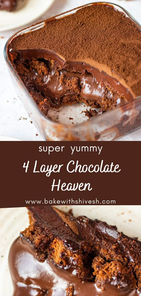 4 Layer Chocolate Dessert, Coffee Chocolate Dessert, Chocolate Heaven Cake, Dessert Chocolate Recipes, Cake Soak Recipe, Chocolate Layered Pudding Dessert, Layered Chocolate Pudding Dessert, Chocolate Cake With Chocolate Pudding, Soft Desserts