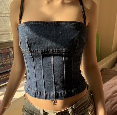 Denim Top Aesthetic, Vintage Fitted Denim Tops, Denim Top Diy, Fitted Denim Blue Y2k Top, Fitted Y2k Denim Blue Denim Top, Y2k Fitted Denim Top, Fitted Y2k Denim Top, Diy Vetement, Jean Top