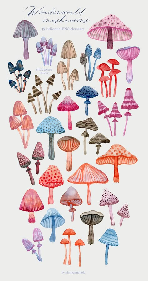 Alice And Wonderland Mushrooms, Mushroom Fabric Pattern, Easy Mushroom Watercolor, Mushroom Watercolor Art, Ceramic Mushroom Painting Ideas, Wonderland Mushrooms, Alice In Wonderland Watercolor, Mushroom Artwork, Mushroom Watercolor