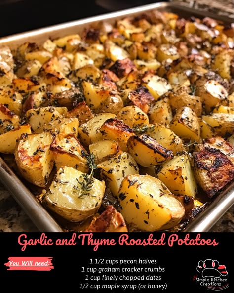 "Looking for a delicious side dish to compliment your meal? Try these savory Garlic and Thyme Roasted Potatoes! This recipe is simple to make and bursting with flavor. Perfect for a family dinner or a holiday feast. Pin now to save for later!" Thyme Roasted Potatoes, Crispy Balsamic Potato Torte With Fresh Thyme, Rosemary And Thyme Recipes, Roasted Tri Color Potatoes, Roasted Potatoes And Mushrooms, Oregano Potatoes, Red Potatoes Oven, Balsamic Potatoes, Potato Ideas