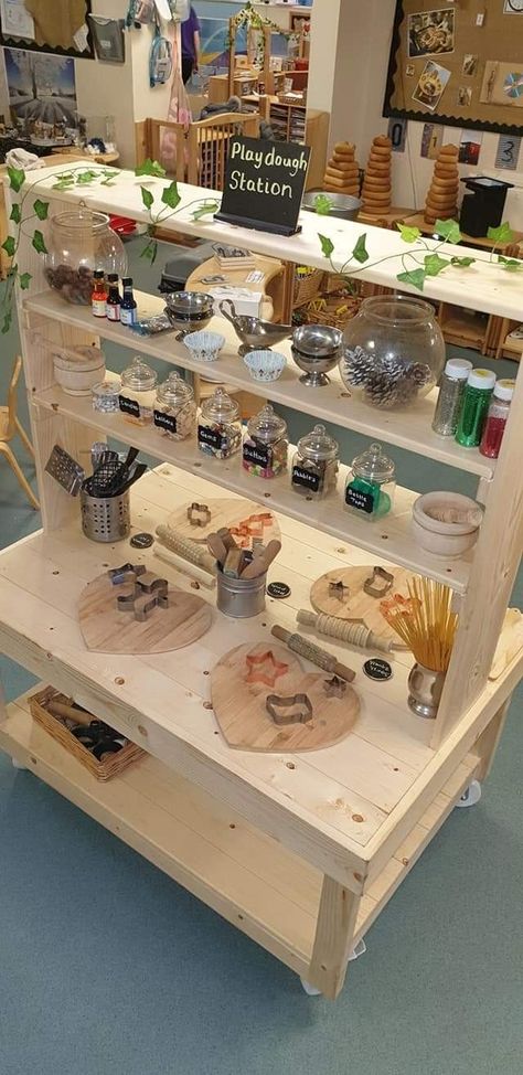 Reggio Inspired Classrooms Art Area, Playdough Area Ideas Eyfs, Early Years Playdough Area, Reggio Inspired Writing Area, Reggio Inspired Daycare, Science Area Preschool Classroom Center Ideas, Loose Parts Classroom Set Up, Play Based Learning Classroom, Curiosity Approach Playdough