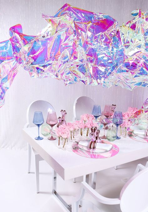 See the dazzling party theme everyone will obsess over and real event examples to follow. Glitter Party Decor, Irridescent Theme Party, Outer Space Wedding Theme, Iridescent Party Theme, Shine Bright Birthday Party, Iridescent Party Ideas, Holographic Theme Party, Iridescent Themed Wedding, Holographic Party Decor