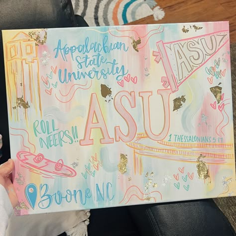 APP STATE custom 💛🩷💙 #designsbyyyc #smallbusiness #college #collegecanvas #collegecanvases #collegecanvaspainting #appstate #appstateuniversity College Room Painting Ideas, Custom College Painting, Preppy Dorm Art, College Dorm Canvas Painting, Cute Dorm Paintings, College Cooler Painting, Paintings For Dorm, College Dorm Canvas, College Dorm Paintings