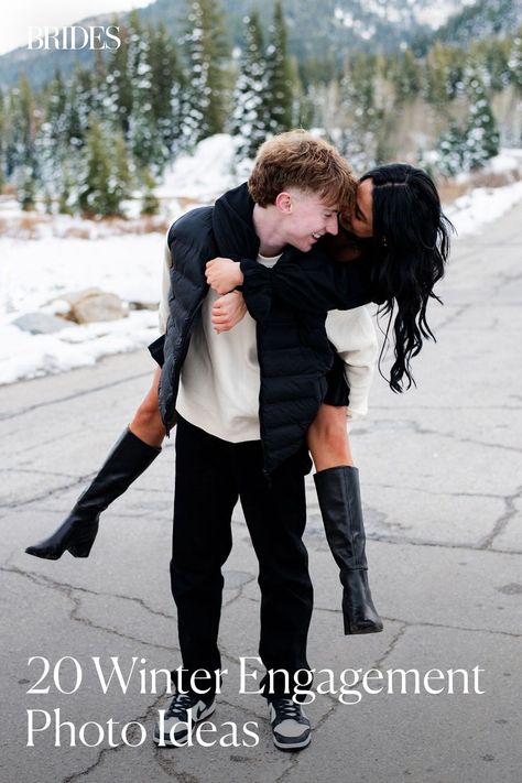 If you're planning a winter engagement shoot you might be wondering which locations and outfits will suit the season best, plus what poses will look natural yet romantic. To help you properly prepare, we rounded up 20 winter engagement photos from real couples for inspiration. Engagement Photo Winter Outfits, Winter Engagement Pictures Ideas, Engagement Photos Location Ideas, Engagement Pictures In Snow, Engagement Announcement Photos Ideas, Winter Wedding Engagement Photos, Engagement Photos January, Winter Engagement Photo Outfit Ideas, Blanket Engagement Pictures