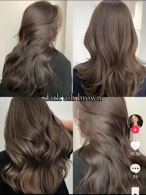 Brown With Ash Brown Highlights, Cool Tone Mushroom Brown Hair, Cool Tone Brown Hair Asian, Light Brown Hair Cool Tone Pale Skin, Asian Ashy Brown Hair, Ash Brown Hair Cool Tone, Brown Colors For Hair, Cool Medium Brown Hair Color, Green Tea Hair Color