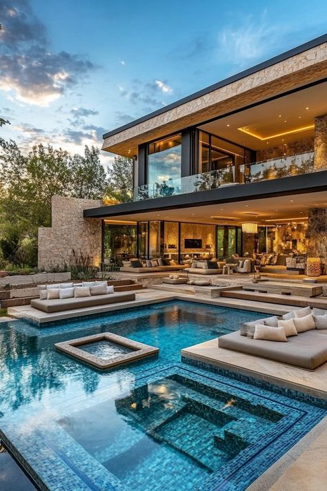 70 Modern Home Pools You'll Want to Dive In Modern Pool With Jacuzzi, Beautiful House With Pool, Small Modern Pool Design, Water Feature In Pool, Modern Pool With Hot Tub, Modern Backyard Pool Landscaping, Poolside Landscaping Ideas, Small Pool With Spa, Modern Pools Backyard