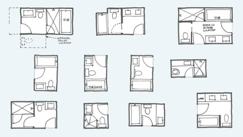 Common Bathroom Floor Plans: Rules of Thumb for Layout – Board & Vellum Small Ensuite Layout, Ensuite Layout, Bathroom Floorplan, Small Bathroom Floor Plans, Small Bathroom Plans, Master Bath Layout, Bathroom Layout Ideas, Bathroom Layout Plans, Small Ensuite