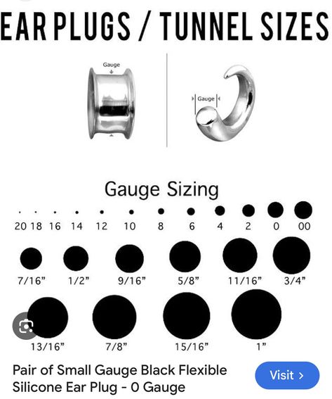 Earring Gauge Size Chart, Ear Gauges Sizes Chart, Stretched Ears Size Chart, Piercings Chart, Gauges Size Chart, Ear Gauge Sizes, Silicone Ear Plugs, Piercing Chart, Small Gauges