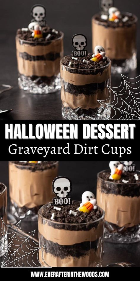 Halloween Dessert Idea - Graveyard Dirt Cups Chocolate Pudding Halloween Dessert, Halloween Dirt Cups Recipe, Halloween Desserts In A Cup, Chocolate Dirt Cups, Halloween Individual Desserts, Halloween Dirt Cups, Dirt Cups Recipe, Halloween Dirt, Chocolate Dirt