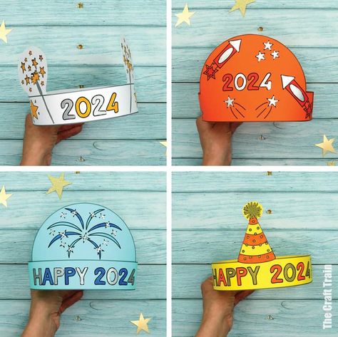 2024 New Year party hats - The Craft Train New Year Hats, New Year Crafts For Kids 2024, Party Hats Diy, New Year Hat For Kids Crafts, 2024 Preschool Craft, New Year Hat, Make Your Own Party Hat, Diy Party Hats For Kids, New Years Eve 2024