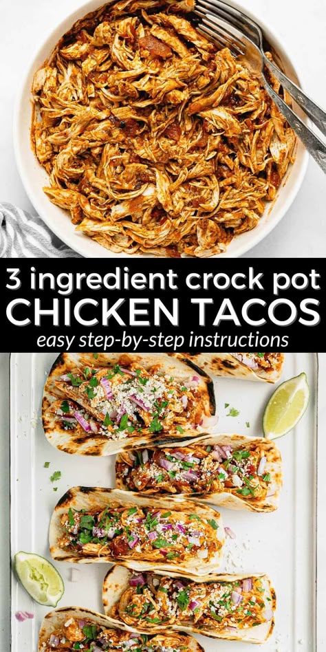 Healthy Slow Cooker Chicken Tacos | Midwest Foodie | With just 5 minutes of prep time, these 5 ingredient slow cooker chicken tacos are healthy, tasty and almost too easy to make! Toss everything in the crock pot, come back a few hours later, shred the chicken and you're ready to sit down for dinner! Crock Pot Chicken Tacos Easy, Crock Pot Shredded Chicken Tacos, Shredded Chicken Tacos Crockpot, Shredded Chicken Recipes Crockpot, Slow Cooker Shredded Chicken Tacos, Crockpot Shredded Chicken Tacos, Crock Pot Shredded Chicken, Crockpot Shredded Chicken, Shredded Chicken Crockpot