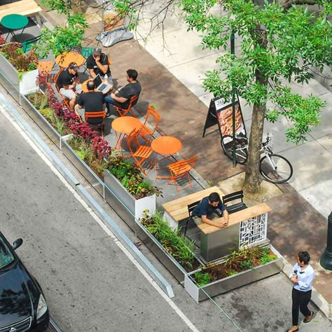 pop up parklet Urban Spaces Design, Urban Ideas, Streetscape Design, Plaza Design, Urban Intervention, Urban Design Graphics, Urban Design Plan, Pocket Park, Public Space Design