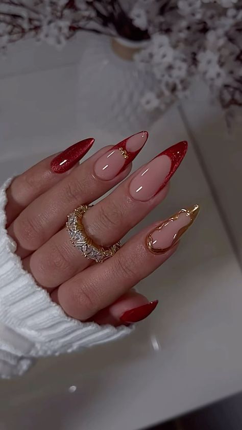 Cherry Red Nails With Gold Accents, Red Ethereal Nails, Red And Gold Nails Simple, Crazy Red Nails, Red Design Nails Acrylic, Long Almond Christmas Nails, Red Almond French Nails, Spanish Nails Designs, Red Festive Nails