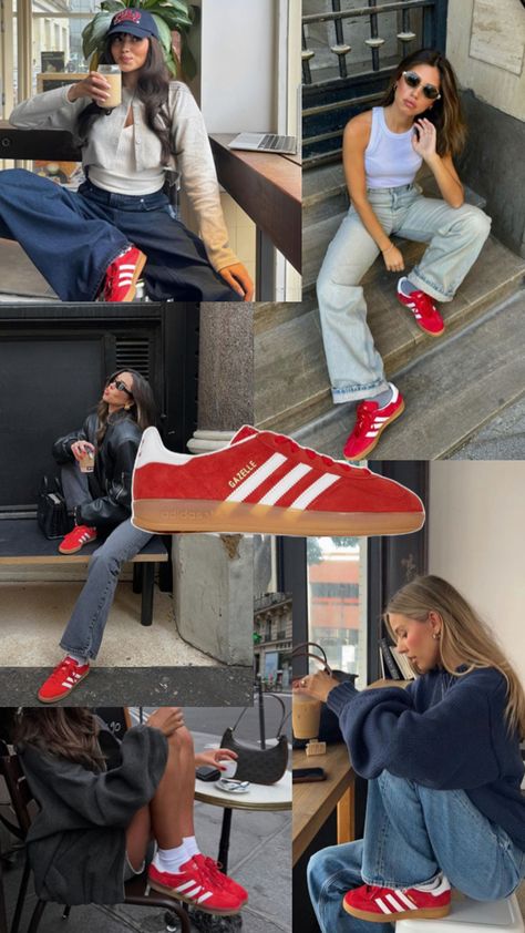 Outfit inspiration for the red adidas samba or gazelle sneakers. Red Adidas Outfit, Red Sneakers Outfit, Adidas Samba Outfit Women, Sambas Adidas Women Outfit, Red Adidas Shoes, Samba Adidas Outfit, Red Shoes Outfit, Adidas Gazelle Outfit, Adidas Samba Outfits