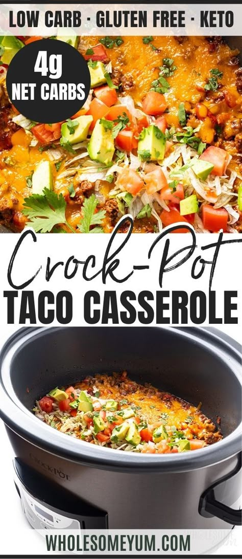 This Keto Taco Casserole recipe contains the best of both worlds, all in one dish: Slow cooked flavor thanks to Crock-Pot (#sponsored), plus fresh and flavorful toppings. It takes just five minutes to prep and tallies up to 4 net carbs, so you can enjoy taco night on any night! @Crockpot @Target #wholesomeyum #keto #ketorecipes #lowcarbrecipes #CrockPot #CrockPotRecipes #tacos #casserole Tacos Casserole, Keto Taco Casserole, Casserole Crockpot, Low Carb Crock Pot Recipes, Crock Pot Tacos, Desserts Keto, Low Carb Tacos, Keto Crockpot Recipes, Keto Taco