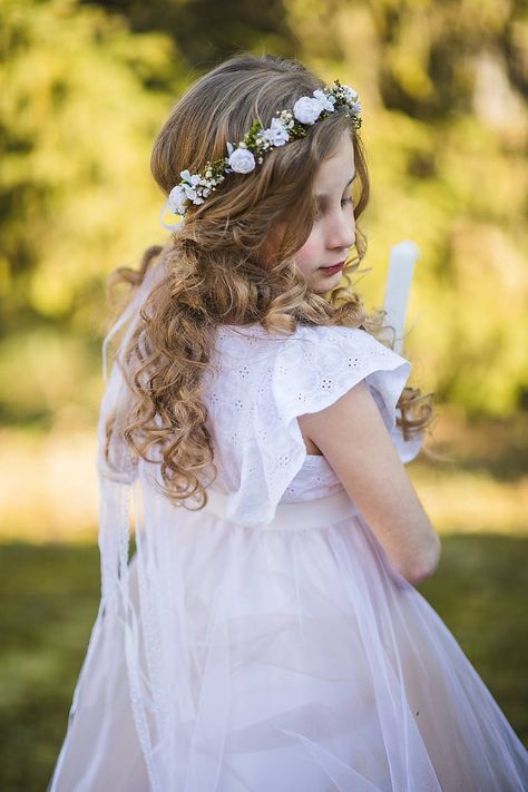 White Flower Wreath, Comunion Dress, Communion Headpiece, Textile Flowers, Flower Head Wreaths, Flower Wreath Hair, Bridesmaid Belt, White Rose Flower, Floral Accessories Hair