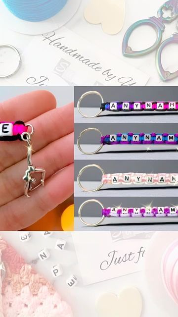 Sunny Daze on Instagram: "Personalised key ring / bag tag with gymnast charm #etsy #etsyfinds #personalisedgifts #handmadegifts #giftideas #keyring #bagtag #personalisedkeyring #namekeyring #gymnastics #gymnast" Hockey Gift Basket, Rainbow Unicorn Party Favors, Safari Party Favors, Macrame Square Knot, Personalised Gift Ideas, Custom Bag Tags, Rainbow Unicorn Party, Unicorn Party Favors, Pom Pom Girl