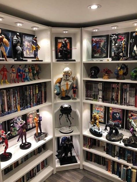 Nerdy Game Room, Comic Room Decor, Nerd Cave Ideas, Star Wars Gaming Room, Comic Room Ideas, Collectible Display Ideas, Star Wars Collection Room, Gamer Office Ideas, Nerd Living Room