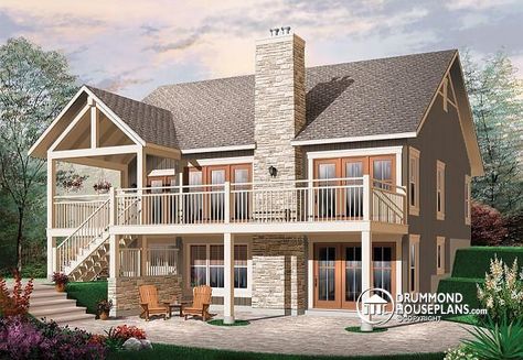 Looking for a modern rustic chalet with cathedral ceiling & fireplace in the living room, 2+ bedrooms & large covered deck !   http://www.drummondhouseplans.com/house-plan-detail/info/1002381.html Craftsman Cottage House Plans, Craftsman Porch, Master Addition, House Buying, Family Compound, Drummond House Plans, Rv Garage, Craftsman Cottage, Basement House Plans